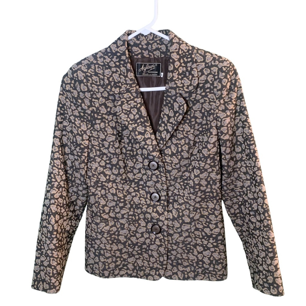 Vintage Embroidered Leopard Animal Print Brown Tan Blazer Jacket Old Money
